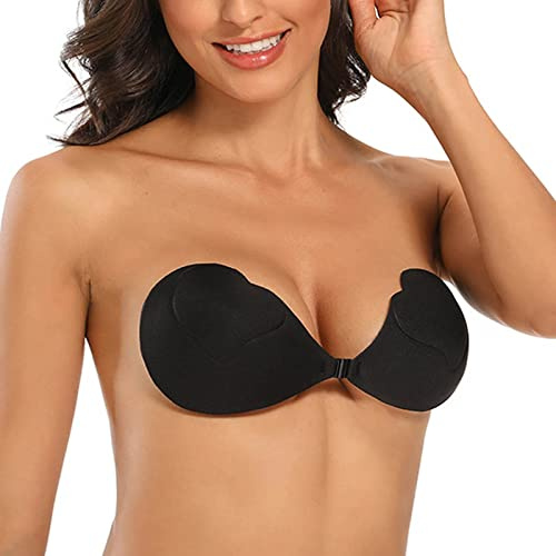 Womens Strapless Bras Push Up Invisible Self Adhesive Silicone Bra Front Bucket Fastening Underwire High Support Scalloped Bandeau Bralette for Prom Party Dress Black