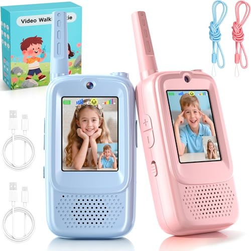 Pourbibi Walkie Talkie Kinder – 2 Pack Walkie Talkie mit Bildschirm, 400 Meter Reichweite mit 4 Spracheffekten, Spielzeug ab 3-12 Jahre, Outdoor, Camping, Wandern für Jungen und Mädchen Hochleistungs