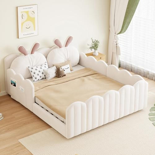 Ligterra Polsterbett Bodenbett 140x200 cm, Plattformbett mit Kissen in Kaninchenform, Bettgestell für Mädchen, Jugendbett mit Lattenrost, Ohne Matratze(Beige)