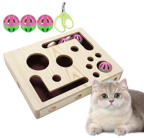 Katzenspielzeug Kratzpuzzle Box - Holz Kratzmöbel Kratzbrett mit Klingelball,Katzen Kratzpuzzle Mit Glockenkugel,Für Indoor Kätzchen Pflege Couch Möbel Ecke Teppich