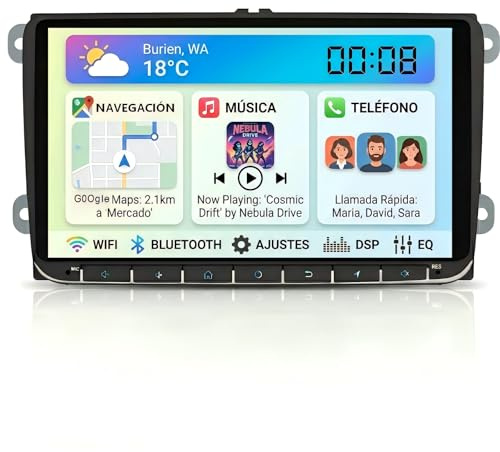Hexinex Radio de Coche Android 2GB+32GB con Pantalla Táctil para VW, Autoradio de 9'' con CarPlay/Android Auto/Mirror Link,Compatible con WiFi/GPS/Bluetooth/RDS/USB/FM/Mandos del Volante
