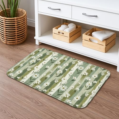 Tapete de baño floral verde de secado rápido, diseño de rayas de crisantemo vintage, absorbente, antideslizante, tapete decorativo de franela lavable para baño, inodoro, baño, 16 x 24 pulgadas