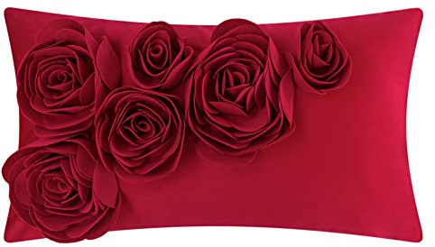 JWH 3D Flower Throw Pillow Cover Decorative Handmade Floral Pillow Case Soft Velvet Pillowcase Lumbar Cushion for Bed Living Room Chair Couch Decor Shams 12x20 Inch Red