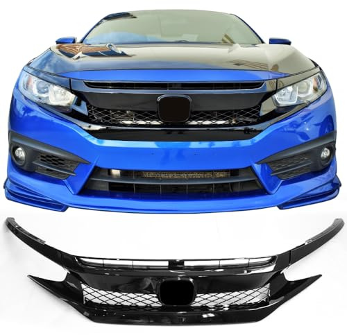 IKON MOTORSPORTS, Front Grille Compatible With 2016-2021 Honda Civic FK8, Type R Type-R Style Gloss Black Mesh Grill Guards Hood ABS Plastic, 2017 2018 2019 2020