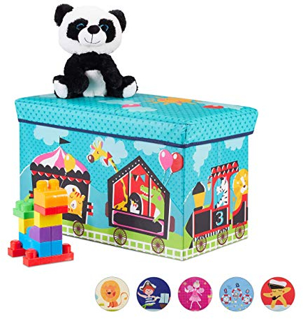 relaxdays Pouf per Bambini, Sgabello Contenitore per Giocattoli, Pieghevole, Bimbi e Bimbe, Salvaspazio, Circo, Turchese