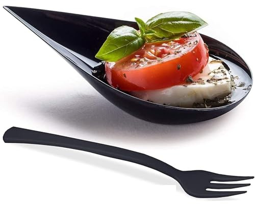 DLux 100 4-in Tear Drop Mini Appetizer Plates with Forks, re-usable Black Plastic Spoons - Desserts and Appetizers Dishes Serving Plate - Asian Spoon Set, Small Catering Dessert Tasting Cups
