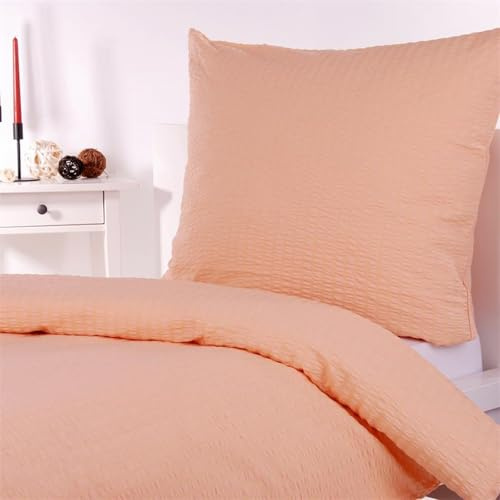 Hans-Textil-Shop Seersucker Bettwäsche Apricot 135x200 + 80x80 cm – bügelfreie Bettwäsche Baumwolle mit Reißverschluss, pflegeleicht & atmungsaktiv