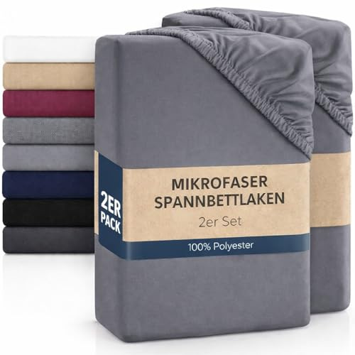 BaSaTex 2er Pack Microfaser Spannbettlaken, Spannbetttuch Doppelpack in vielen Größen und Farben 90x200 bis 100x200 cm Anthrazit