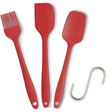 Ustensiles de Cuisine Spatules en Silicone Résistant à la Chaleur Spatule (3 Rouge Avec Pinceau)