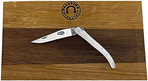 Palatina Werkstatt ® | Forge de Laguiole Ghion Triple Platin Stahl Messing Taschenmesser Messer| 9 cm Klinge, rostfrei | + von Hand gefertigtes Vesperbrett 25x15 cm