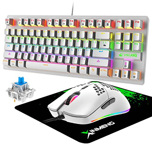Gaming Keyboard & Mouse, RGB Backlit Keys, with Fastest Linear Opto-Mechanical Switches, Dedicated Multi-Media Keys, 87-Keys Keyboard, 6400dpi Programmable Gaming Mouse, Mice Pad, QWERTY Layout White