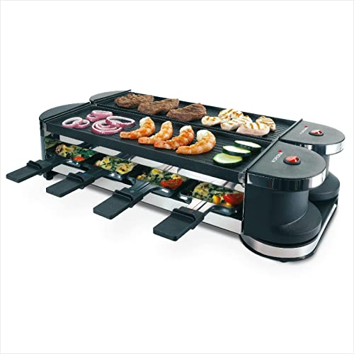 Korona 45072 Raclette plegable para 8 personas | raclette 2 en 1 con 8 sartenes y espátulas | con placas antiadherentes | Flexible utilizable gracias a la articulación de 90° y 180°, cable de 2 m
