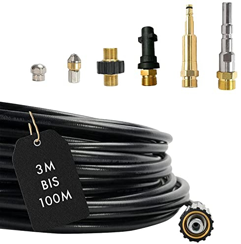 M&M Smartek Rohrreinigungsschlauch 30m, 7-Teilig für Kärcher, 160 bar | 2 rotierende Edelstahldüsen plus M22-, Bajonett-, KEW- und Quick-Connect-Adapter; robuster Knickschutz für lange Leitungen.