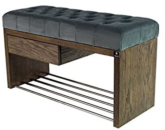 EMRA WOOD M-DEKO LPS-1 Sitzbank Schuhbank Chesterfield Gesteppt mit Schublade Bezug aus Grauem Velours Gestell aus Holz Nach Maß (Höhe 45cm Tiefe 35cm, 55)