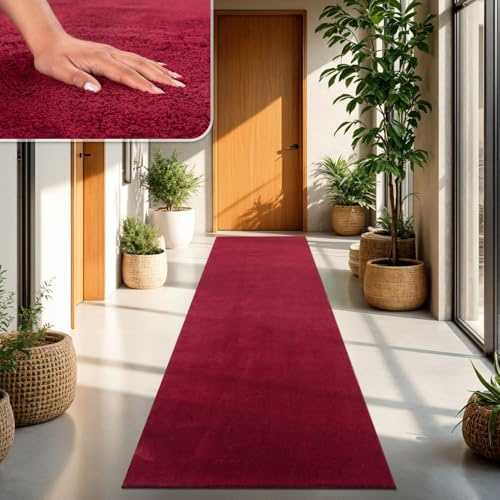 TT Home Wohnzimmer Teppich Kurzflor Anti-Rutsch Rückseite Unifarben Modern Waschbar, Farbe: Rot, Größe:100x200 cm