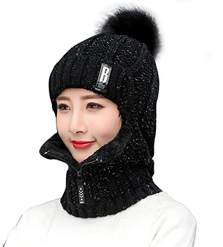 Surakey Winter Mütze Schal Set Damen Schlupfmütze Warm Wintermütze Schalmütze Mütze Damen Winter Strickmütze mit Bommel Fleecefutter Warme Beanie Mütze für Outdoor Wintersport
