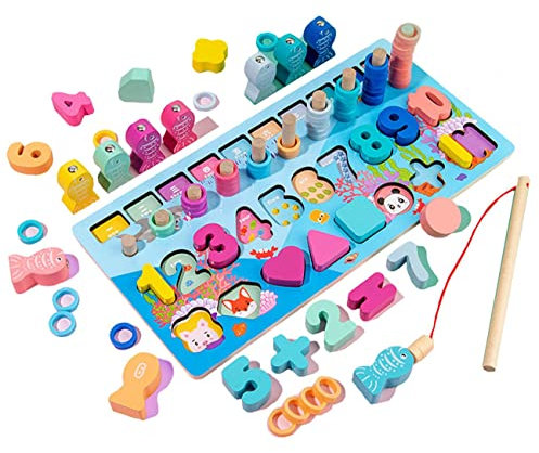 Sobebear Wooen Montessori Toys for Kids, Magnetic Fishing Counting Toys, Wooden Puzzle for Kids with Numbers, Shapes and Math Symbols, Educational Board for Toddlers Age 3+ Years