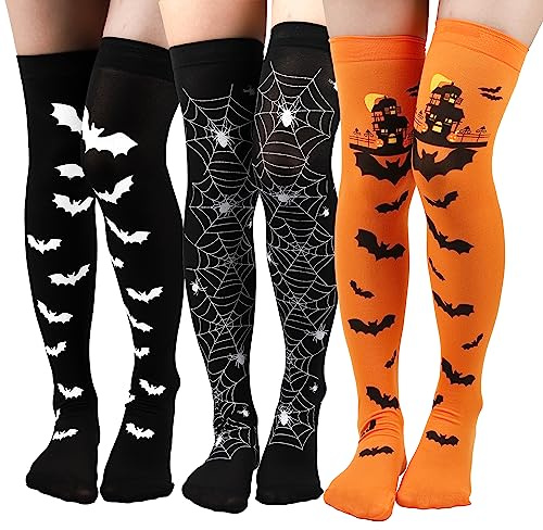LUTER 3 Pares Medias Suaves hasta el Muslo Halloween Calcetines Sobre la Rodilla Calcetín Medias de Cosplay