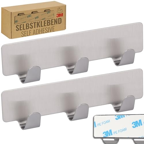 RICOO 2 x Hakenleiste Küche mit 3 Edelstahl Haken selbstklebend MH020-2 Handtuchhaken ohne Bohren Klebehaken Badezimmer Kleiderhaken zum Kleben Badhaken Badezimmerhaken Wandhaken Bad Aufhängehaken