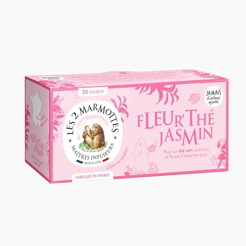 Les 2 Marmottes Fleur’thé Jasmin - Thé vert 100% BIO floral au jasmin - Relaxant et apaisant - Pour le petit-déjeuner - 30 Sachets par boite - Made in France - 60g