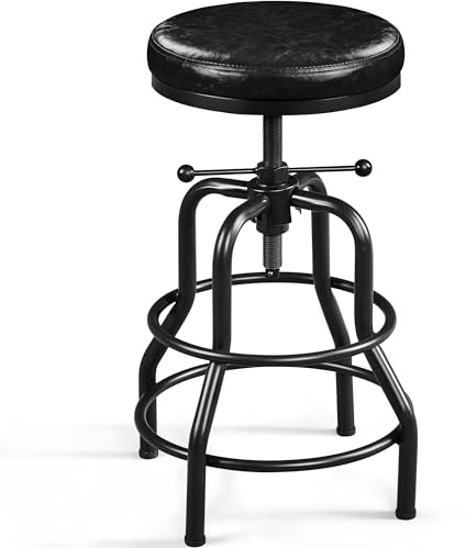 Yaheetech Industrial Bar Stools Rustic Kitchen Stools Height Adjustable Barstool (54.5-71.5 cm) Round Bar Chairs with Faux Leather Seat, Footrest, Stool for Kitchen Counter, Bar, Home Bar, Black, 1PCS