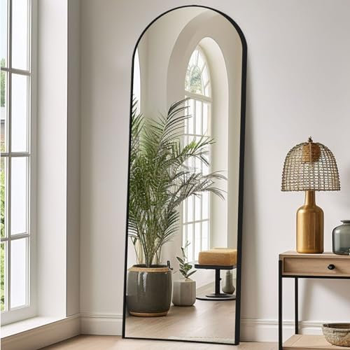 LunaMirror Full Length Mirrors Free Standing Floor Mirror Full Body Wall Mirror for Bedroom Living Room and Entrance, Arch Black Frame, 147x44 CM
