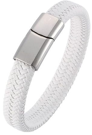 Bishilin Lederarmband Herren mit Gravur Personalisiert, Partner Armband Magnetisch Geflochten Charms Armband Leder Weiß 18.5CM