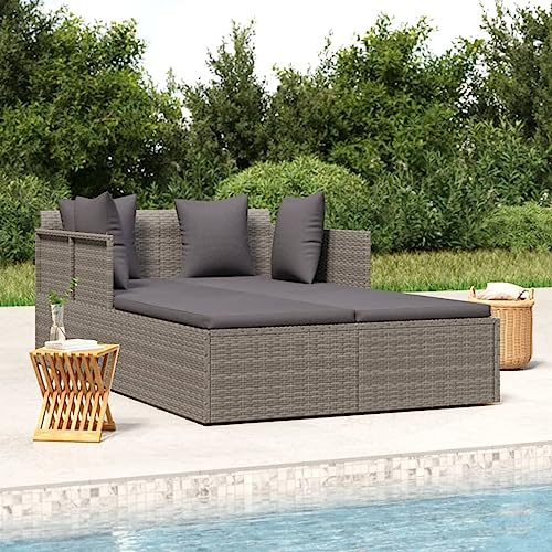 Festnight Poly Rattan Sonnenliege XXL 2 Personen Liege Outdoor Doppelliege mit Polster Kissen in Dunkelgrau Daybed Gartenliege Bett Garten Bett Outdoor Liege 2 Personen, Grau