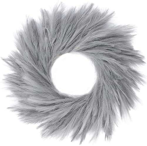Sggvecsy Pampas Grass Wreath 26’’ Faux Pampas Wreath for All Seasons Artificial Pampas Wreath Christmas Decor Boho Wall Decor for Front Door Farmhouse Fall Autumn Xmas Spring Wreath Decoration (Grey)