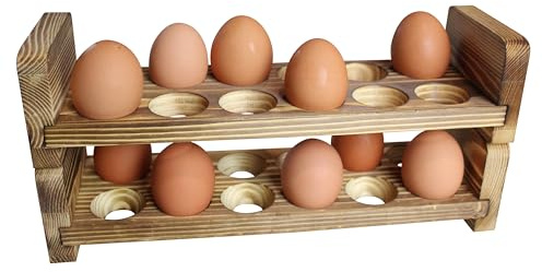 Soporte de madera apilable expandible para 24 huevos, decoración rústica de cocina, estante compacto de dos piezas para mostrador, decoración de pollo, gallinero Gui's (estante doble)