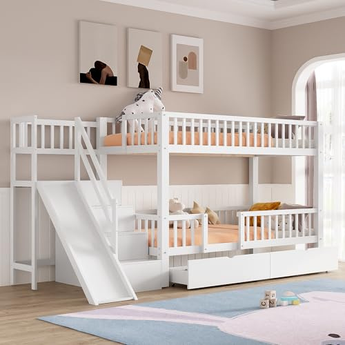Etagenbett 90x200, Kinderbett mit Rutsche und 2 Schubladen, Speicherung Treppe mit magnetischer Tür, Hochbett für 2 Kinder, Jugendbett mit Rausfallschutz und Lattenrost, Stockbett Funktionsbett, Weiß