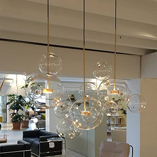 Lámpara Colgante de Burbuja Moderna, lámpara de latón con Forma de Globo, Accesorio de iluminación con Bola de Vidrio Transparente, iluminación Colgante de racimo de 5 Cabezas para Sala de Estar con