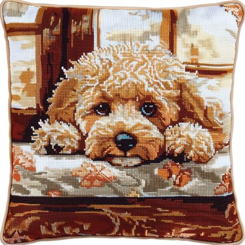 RKFLGEW DIY knüpfen set Pudel Tier knüpfstern Haustier Hund 3D-Kissen-Materialpaket，Knüpfhaken-Sticksets，DIY-Teppichkissen，Häkelkissenbezug für Zuhause 43x43cm