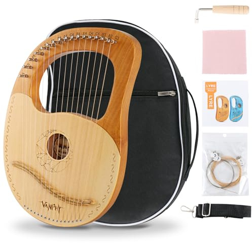 VANPHY Lyre Harp 16 Saiten Mahagoni-Körper Metallsaite für Anfänger Harfen Klassischer Stil Harfeninstrument mit Stimmschlüssel Saiten Reinigungstuch Gurt Songbook Schwarz Gigbag (Holz)