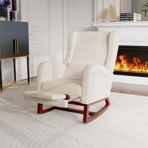Générique Chaise à Bascule Relax, Fauteuil à Bascule Rembourré en Tissu avec Dossier Haut, Fauteuil Moderne avec AntidéRapant Pieds und Base en Bois pour Maison, Salon, Chambre à Coucher (Beige-A)