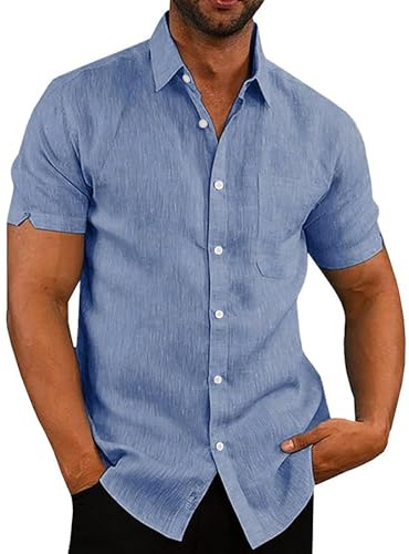 Rodawu Mens Linen Shirts Cotton Short Sleeved Shirts Regular Fit Casual Summer Shirts Lightweight Beach Shirt Blue Shirts M