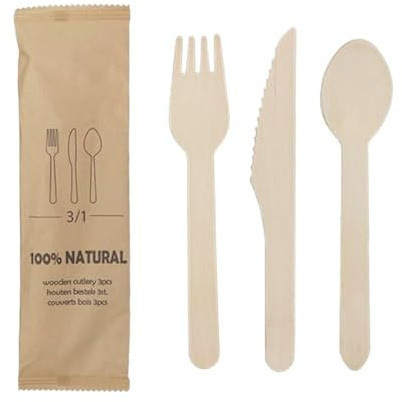 Monouso | 25 Sets de Cubiertos de Madera Tenedor, Cuchillo y Cuchara, 13cm, Desechables, Compostables, Eco-friendly, Enfundados, Envueltos individualmente.