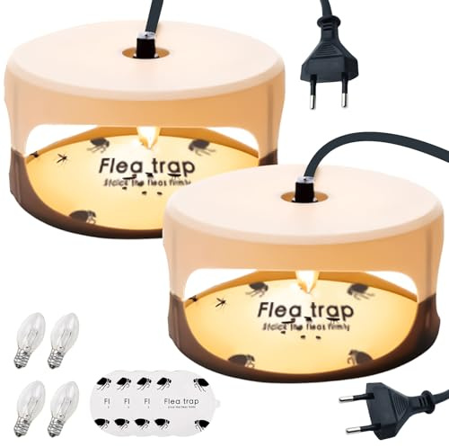 2 trampas para pulgas para apartamento – Trampa LED para pulgas con 4 pegatinas de repuesto y 4 bombillas LED (2 de repuesto), ganador de la prueba contra pulgas, piojos, mosquitos, para dormitorio