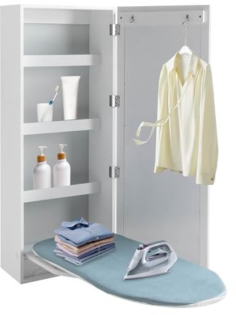 Tabla de planchar para montar en la pared, armario de almacenamiento plegable con espejo, 37.5 x 14 x 6.9 pulgadas (largo x alto x ancho)