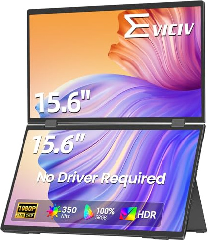 EVICIV Moniteur Portable Double 15,6 Pouces Écran Extension FHD IPS 1200:1 Connexion à Deux Appareils, 360° Triple Écran Pliable pour Laptop PC Phone Game Console Télétravail, Bureau et Voyage