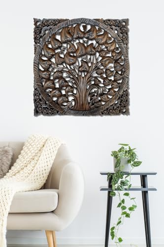Kinaree Holz Schnitzerei Wandbild Bodhi Baum 60x60 cm – Handgeschnitzt aus Suar Massivholz – Asiatische Wanddekoration aus Thailand – Lebensbaum Motiv – Asia Möbel Deko Wandbild