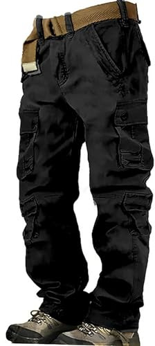Pantaloni cargo da uomo con cintura e tasche multiuso, pantaloni tattici da lavoro larghi, stile kaki multi tasca, tessuto ripstop in cotone, per giorni di riparazione in garage o campi boschivi, Nero