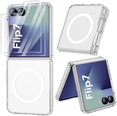 ORETECH Funda para Samsung Galaxy Z Flip 7, con [mag-Safe] [2X Protector Pantalla], Antichoque Anti-arañazos Bumper Carcasa Transparente PC Dura Caso Case para Samsung Z Flip 7, Claro