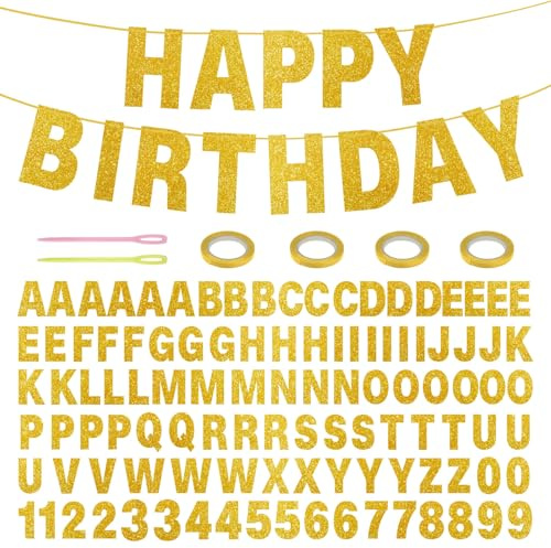 Yitexin 107 Stücke Glitter Happy Birthday Girlande Unterzeichnen, Gold Girlande Geburtstag, Anpassbar Geburtstagsbanner Personalisiert für Abschluss Hochzeit (golden)