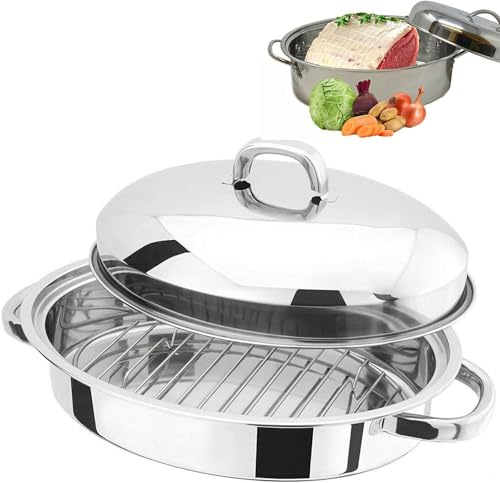 Vintage Gourmet® Professional 38CM Medium Stainless Steel Self Basting Oval Domed Roaster with Rack for Airflow, Basting Juices,Carry Handles Roast Meat Catering Carvery Fits Medium Chicken