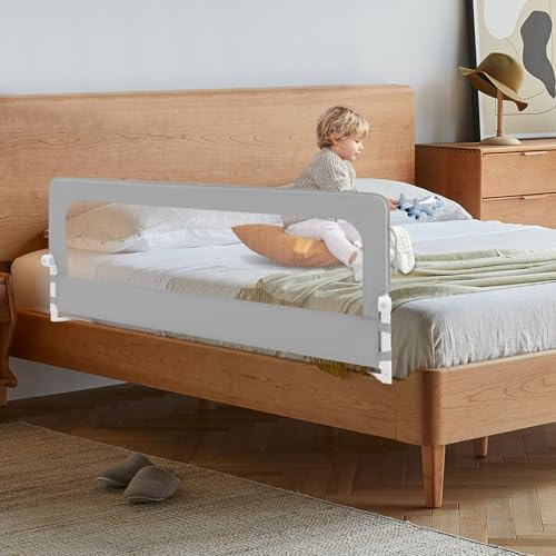 GIDRLL Bettgitter Rausfallschutz Bett Reise Bettumrandung Babybett Höhenverstellbar Kinder Bettschutzgitter mit luftiges Netz, klappbares Rausfallschutz Boxspringbett für die meisten Betttypen (Grau)