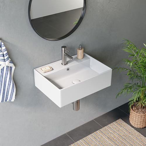 HOROW Ceramic Bathroom Wash Basin(45 * 31 * 13cm) - Countertop/Wall-Mounted Rectangular Sink | Raised Edge & Sloped Surface| Slim Edge & Storage Ledge | for Small Bathrooms, Cloakrooms