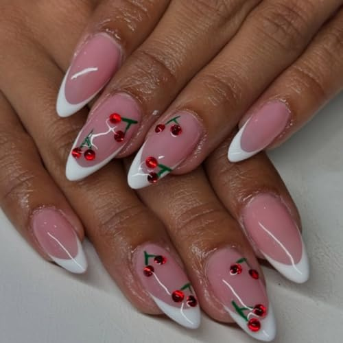 24 Pieces Press On Nails Easy Application Acrylic Set With Fruit Designs Decoration Full Covers False Stick On Nail