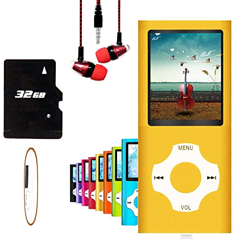 Hotechs Lecteur MP3/MP4 avec carte mémoire de 32 Go, design fin, écran LCD numérique, écran de 4,6 cm, radio FM (jaune)