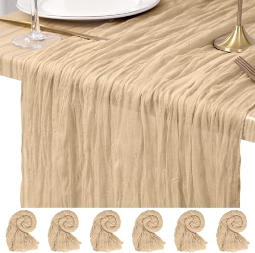 6 Stück Beige Käsetuch Tischläufer 45 x 275 cm rustikaler Gaze Stoff Tischläufer Romantisch Hochzeits Seihtuch Tischläufer für Hochzeiten, Festivals, Jubiläum, Abendessen, Outdoor -Partys
